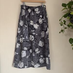 Vtg Ashley Stewart Black White Floral Satin A-Line Long Skirt Slit Zip 14 Women